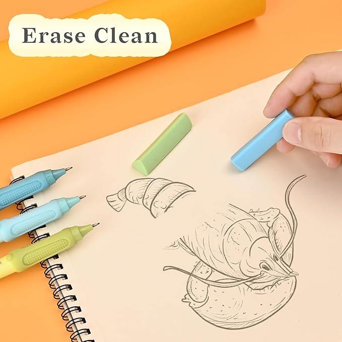 Temiary Cute Mechanical Pencil Set with Case, 6 Pcs Medium Point 0.9 mm Pencils with 2 Tubes HB Lead Refills, 4 Pcs Erasers for School Supplies Student Writing, Drafting Drawing Sketching (Morandi)
