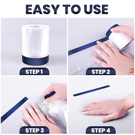 ADHES Painters Plastic with Tape, 48 inch x 90 feet x 3 Rolls Painters Tape with Plastic Attached, Pre Taped Masking Film Tape and Drape for Automotive Painting Covering