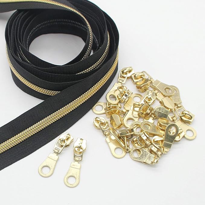 Leekayer #5 Gold Metallic Nylon Coil Zippers by The Yard Bulk 10 Yards Black Tape with 25pcs Gold Sliders for DIY Sewing Tailor Craft Bag(Black)
