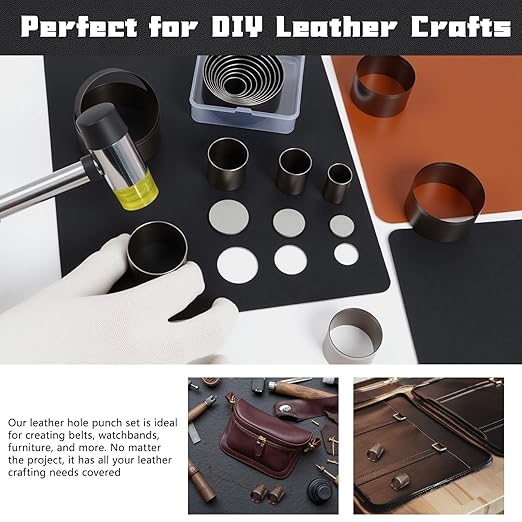 9 Pieces Leather Circle Cutter Tool Set, Hole Punch Tools with 15 20 25 30 35 40 45 50 55mm, High Carbon Steel Round Cutting Dies, Hole Punch Tool Kit for DIY Leather Crafts