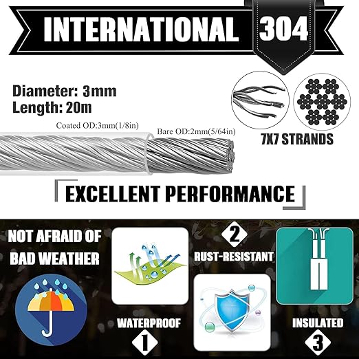 1/8 Inch Heavy-Duty Stainless Steel Cable 65FT Wire Rope with M5 Turnbuckle - 304 Stainless Steel, 1700LB Break Strength for Outdoor Sun Shade, Garden Climbing,Deck Railing (1/8" 65FT Wire Rope Kit)