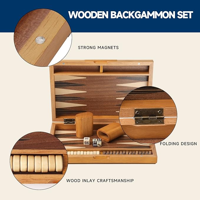 GSE Games & Sports Expert Premium Magnetic Wooden Folding Inlay Backgammon Board Game Set, Portable Travel Board Game (Focus- 11 Inches)