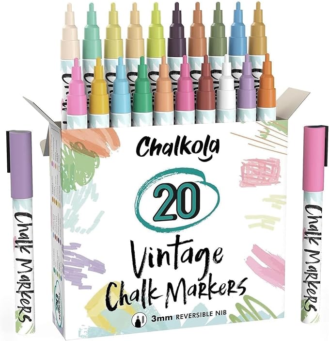 Fine Tip Liquid Chalk Markers for Chalkboard (20 Vintage Colors) - Dry Erase Marker Pens for Blackboard, Windows, Chalkboards Signs, Bistro - 3mm Reversible Tip