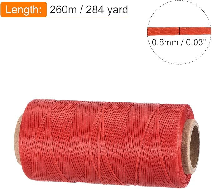MECCANIXITY Waxed Thread,284 Yard 0.8mm 150D Flat Wax Thread Polyester Waxed String for Leather Sewing Hand Weaving Book Binding Home Decoration, Red
