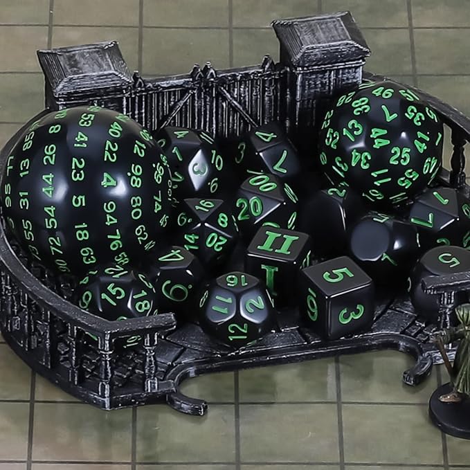 CiaraQ DND Polyhedral Dice Set (15pcs) D4-D100 Game Dice with Dice Bag for Dungeons and Dragons Role Playing Table Games (Black & Green)