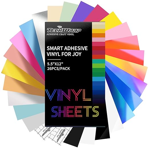 TECKWRAP 5.5"x12" Smart Adhesive Vinyl 25 Colors Holographic Chrome, Matte & Glossy Permanent Vinyl Bundle & 2 PCS Transfer Tape - No Need Cutting Mat- Compatible with Joy Machine for Handcrafts