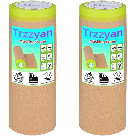 2 Roll 12Inchx50Feet Pre-Taped Masking Paper Roll - Heavy Painters Paper with Adhesive, Tear-Resistant for Auto Body, Wall Painting, Floor Protection, Furniture&DIY Projects (2, 12inch*50feet)
