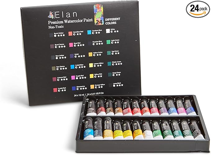 Elan Professional Watercolor Paint Set, 24 Liquid Watercolor Paint Tubes 0.4fl oz, Non-Toxic Mini Tubes for Canvas & Crafts, Art Paints for Adults