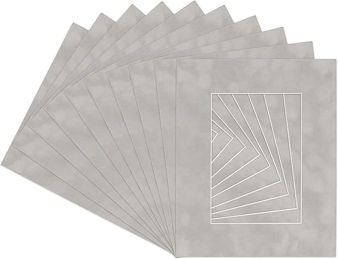 Pack of Ten Acid Free 8x10 Mats Bevel Cut for 5.5x8.5 Photos - Light Grey Suede Precut Matboards With Backing Boards and Self Seal Photo Mat Bags For Pictures, Photos, Framing - 4-ply Thickness