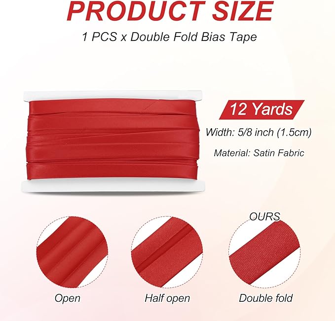 MECCANIXITY Double Fold Bias Tape for Sewing 5/8 Inch x 12 Yards Satin Pre-fold Continuous Binding Tape for Seaming Quilting Hemming Binding DIY Crafts, Red