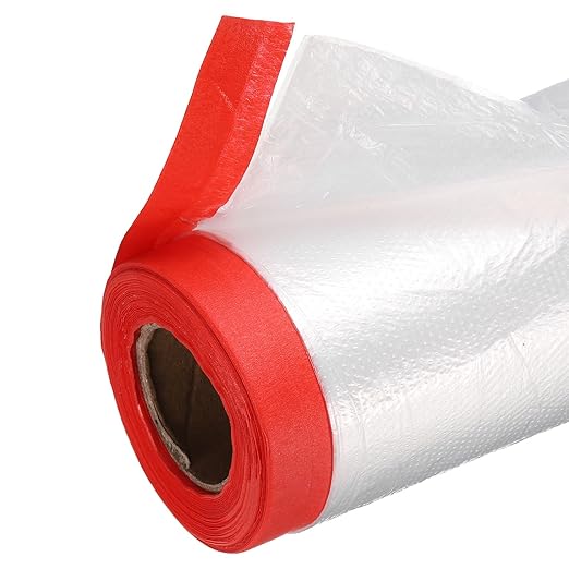 uxcell Pre-Taped Masking Film, 3.6ft x 66ft High-Tack Painters Tape Plastic Drop Cloth with High-Tack Painters Tape for Painting Protection Red 4Pcs