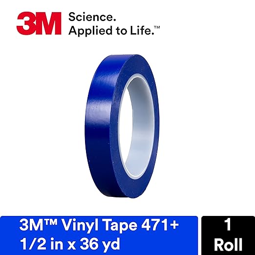 3M Vinyl Tape 471+, 1/2 in x 36 yd, Indigo, 1 Roll, Fine Line Tape for Paint Masking Striping, Color Separation and Complex Designs, High-Temperature, Stretch , Blue