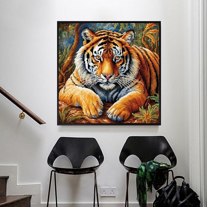 51buyoutgo 11CT Stamped Cross Stitch Kits for Adults - 18x18 in Beginner Embroidery Kit with Easy Funny Washable Animal Tiger Pattern, Pre Printed Fabric for DIY Home Decor, Gifts & Stress Relief