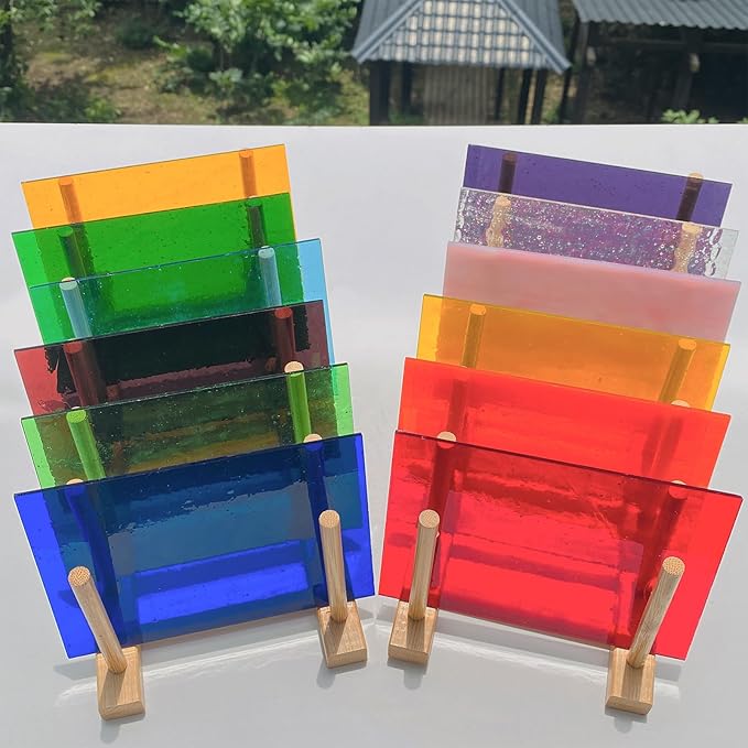 ILLUCKAI 12 Sheets Rainbow Transparent Stained Glass Sheet, 4 x 6 inch Cathedral Art Glass Supplies for Stained Glass Projects and Mosaic Making Crafts