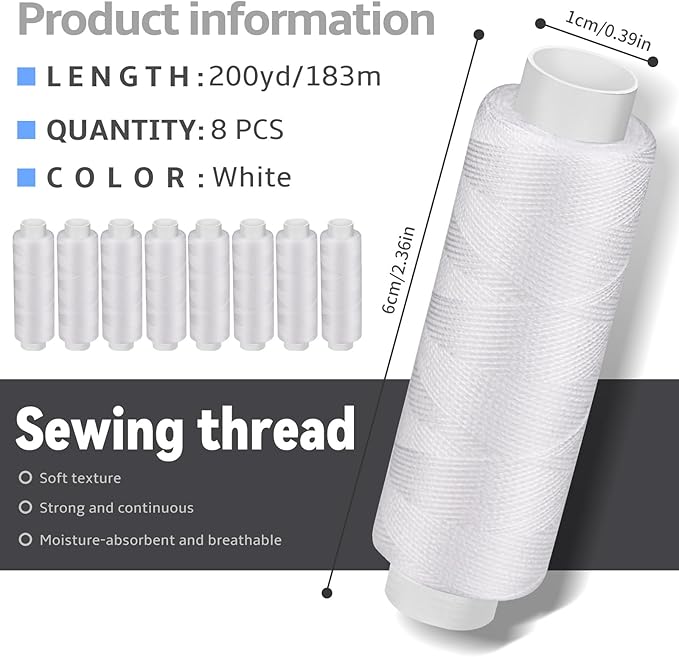 Bupete 8 Rolls White Thread for Sewing, 200 Yards Each Roll Sewing Thread, Polyester Threads for Sewing Machine Embroidery Hand Stitching