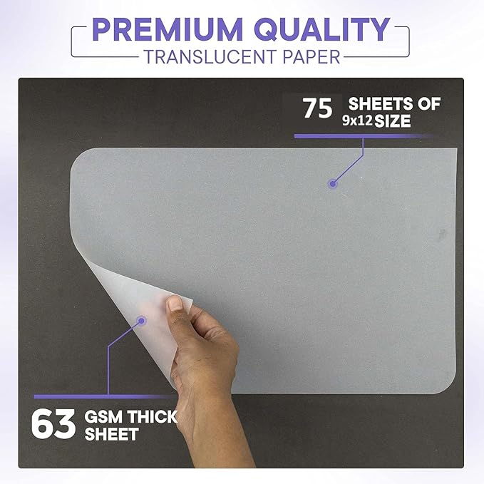 Xulmar 9x12 Tracing Paper 63 GSM - Pack of 75 Sheets Tracing Paper for Sewing Patterns, Drawing Overlays & Sketching on Art Paper & Sketch Book