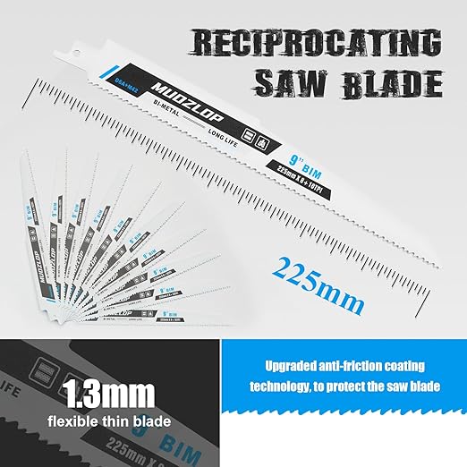 MUOZLOP10Pack 9inch Reciprocating Saw Blades Set,8+10TPI High Carbon Saw Blades,Metal Saw Blades with Organizer Case (10, 8+10TPI/225mm)