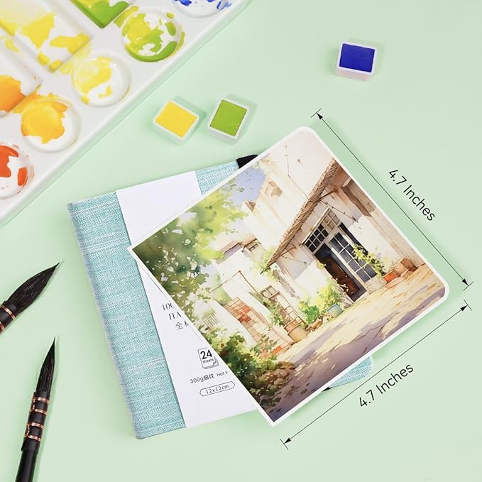Lightwish Square Watercolor Journal,100% Cotton,300gsm/140lb,Acid-Free,24 Sheets Hot Press Watecolor Sketchbook for Artists Adults Students,4.7 * 4.7 Inches(Light Green)