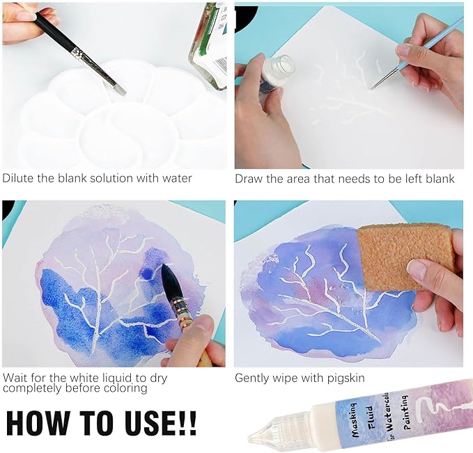 White Watercolor Masking Fluid - Professional Art Supplies with Brush & Eraser for Artists, Painting Medium Pen