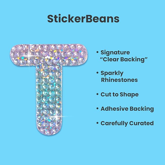 StickerBeans® Rhinestone Alphabet Letter Sticker T - Unique Sparkly Design 2” x 2” Cut-to-Shape Adhesive - Personalization, Collecting, Gifting, Scrapbooking, Decorating Laptops, Phone Cases, All Ages