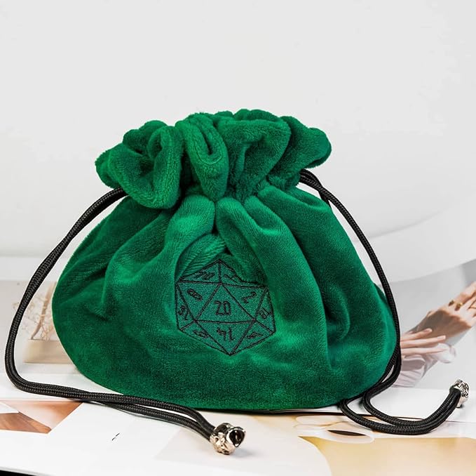 Large Dice Bags D&D with Pockets Green Storage Bag D20 Logo for DND RPG Game Dices - Capacity 200+ Dice