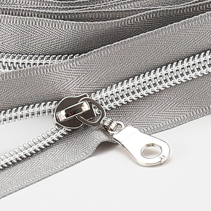 Sawoake 10 Yards Bulk #5 Nylon Coil Zipper, Pale Bluish White With Silver Teeth, 10 Sliders for DIY Sewing Craft Bags