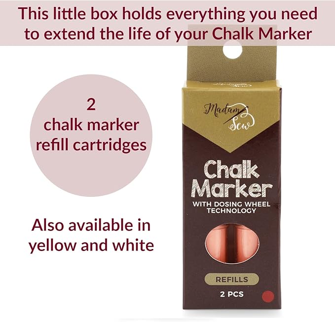 Madam Sew Fabric Chalk Markers for Sewing & Quilting | Refillable Tailors Chalk for Fabric Marking with Dosing Wheel | Ideal for Marking on Cotton, Knit, Suede [Red]