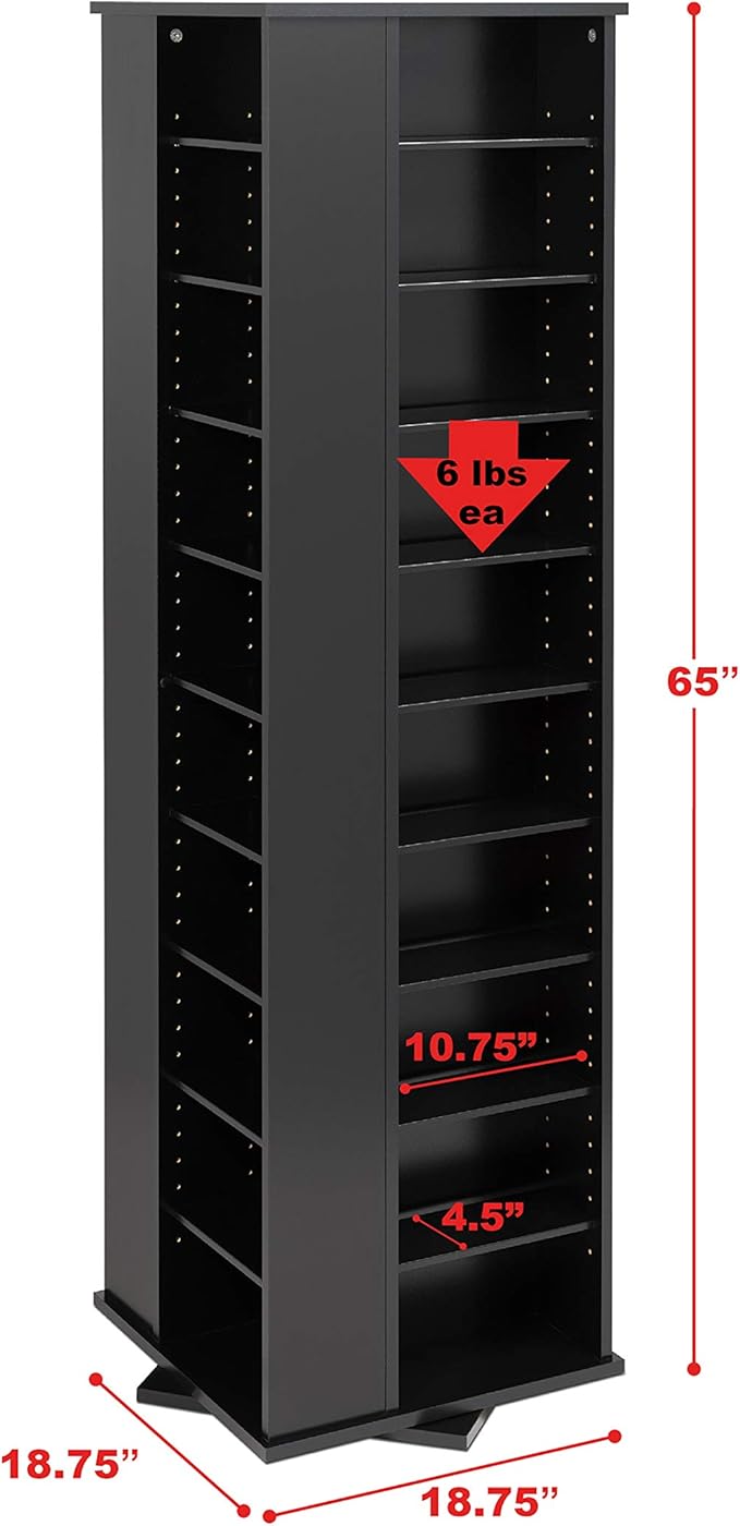 Prepac 4 Sided Revolving Display Cabinet, Black Storage Cabinet with 36 Adjustable Shelves Narrow DVD Storage Cabinet Ideal for Living Room 18.75" D x 18.75" W x 65" H