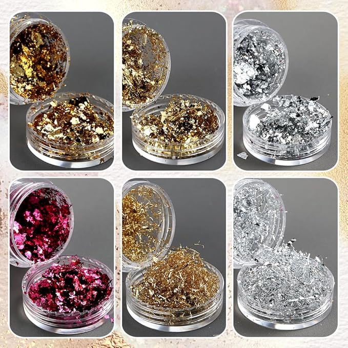 6 Bottles Holographic Nail Glitter Foils, Metallic Gold Silver Hot Pink Ultra-Thin Aluminum Foil Flakes for Nails, Resin Jewelry Making, Painting Art Nail Supplies DIY Manicure Charms Decorations