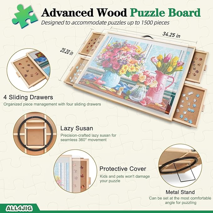 ALL4JIG 1500 Pieces 2-in-1 Tilting & Rotating Puzzle Board, 34.2" x 25.2"Adjustable Angle Puzzle Board with 4 Drawers & Clear Protective Cover, Birthday Gift for mom