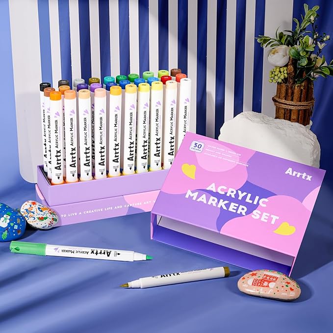 Arrtx 30 Colors Acrylic Paint Pens for Rock Painting, Extra Brush Tip, Water Based Paint Markers for Stone, Glass, Easter Egg, Wood and Fabric Painting-No Toxic,No Odor 30B
