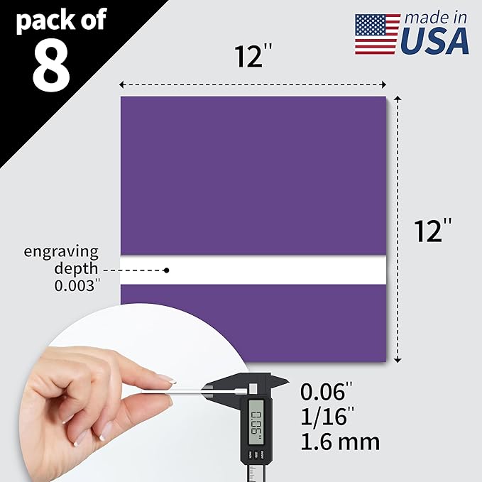 Trotec TroLase | 12"x12"x1/16", 8 Pcs | Purple/White | 2 Ply | Modified Acrylic | Laser Engraving Double Color Plastic Sheet | Engraving Blanks for Laser, Saw, Guillotine | Made in USA
