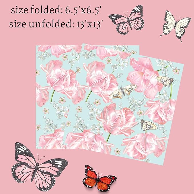 20-ct 13x13 Flowers Paper Luncheon Decoupage Napkins, 3-Ply Servilletas Printed Flower Pink Tulips Cocktail Napkin for Art, Dinner and Party, Disposable Napkins Decor