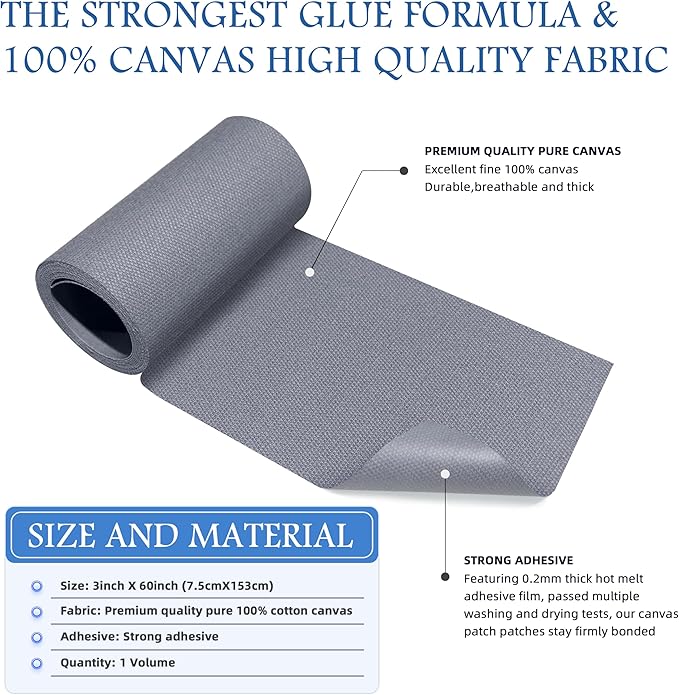KING MOUNTAIN Canvas Iron on Patch,3"×60",Waterproof 100% Cotton Fabric Repair Patch,Used for Various Sofa,Tent,Clothes,Seats,Suitcases (Light Gray)