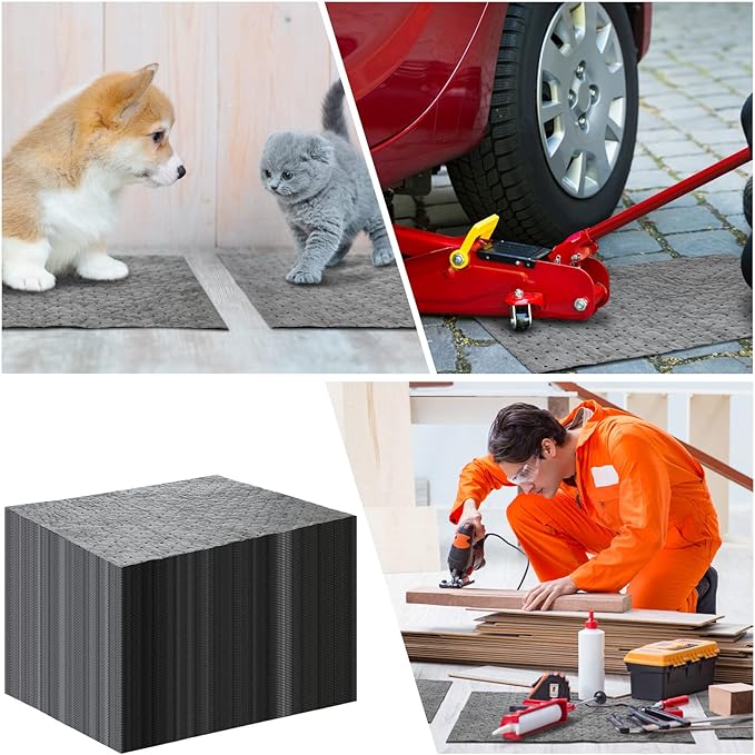 Hoolerry Oil Absorbent Pads Weight Dimpled Pad Garage Accessories Water Absorbent Mat Oil Spill Mat for Absorbing Protecting Home Garage Basement(9.8 x 13 Inch,Impermeable Gray,100 Pcs)
