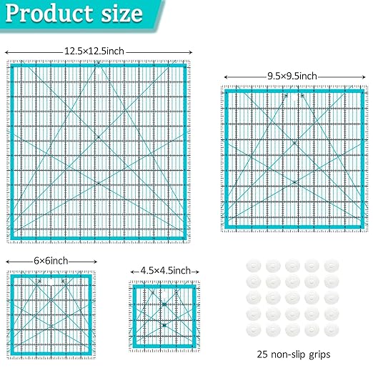 Quilting Rulers, Acrylic Quilt Ruler,4 Square Fabric Cutting Ruler (4.5""X4.5"", 6""X6"", 9.5""X9.5"", 12.5""X12.5""), Quilting Templates with Non Slip Rings. (Blue)