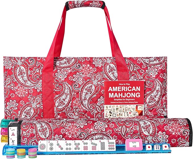 American Mahjong Game Set, 166 White Tiles, 4 All-in-One Color Rack/Pushers, Complete Mahjong Tile Set Red Printed Carrying Bag