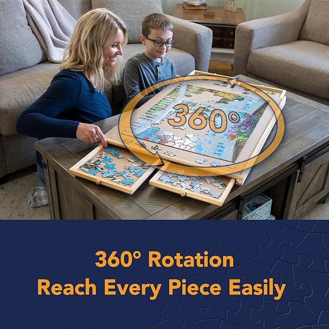 Bits and Pieces Rotating Puzzle Board with Drawers, Jigsaw Puzzle Board 1000 Pieces, 22 Inch x 30 Inch Spinning Wooden Tray Table with 4 Organizing Piece Sorting Trays, Portable, Easy Storage