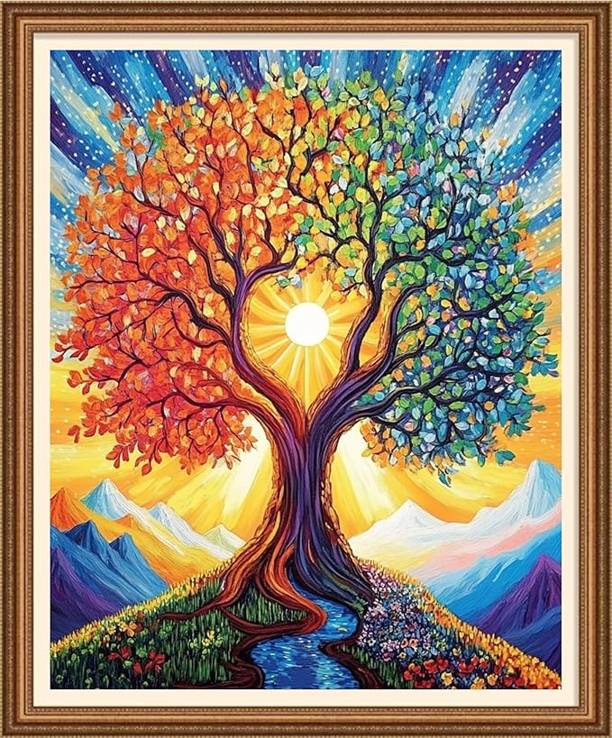 Disnesart Cross Stitch Stamped Full Embroidery Kits DIY 11CT Cotton Thread Printed DIY Needlepoint Kits Craft Needlework Set Cross-Stitch Stamped Sets-Tree of Life Sun 16x20 inch