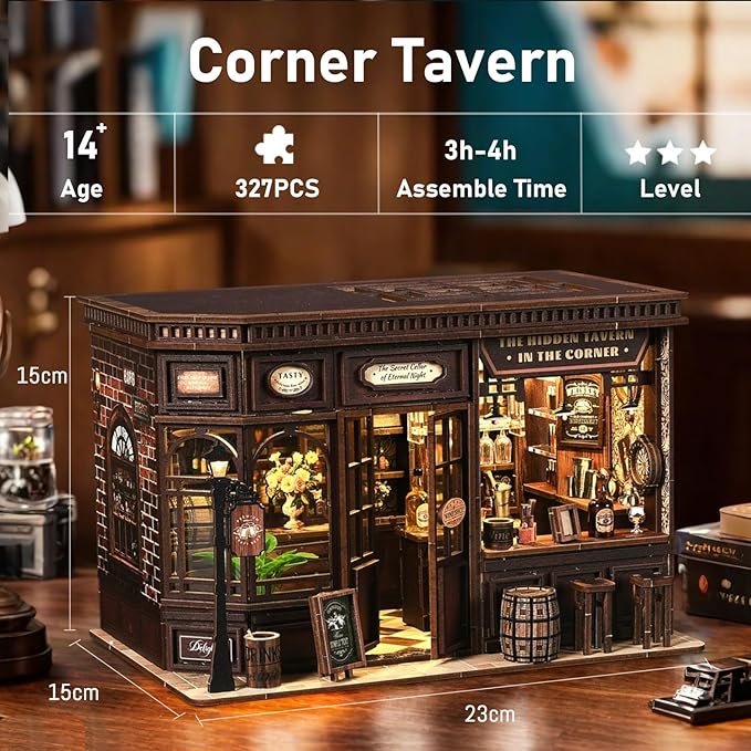 Book Nook Kit - DIY Miniature Dolls House Kit with Furniture and LED Light, 3D Puzzle Wooden Art Bookends, Model Kits for for Adults and Teens (Corner Tavern)