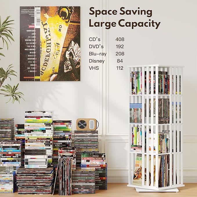 XIMN 360° Rotating Bamboo CD/DVD Shelf - 6-Tier Space-Saving Media Storage Cabinet for Movies, Organizer with Super Compact Design (White, 4 Tier)