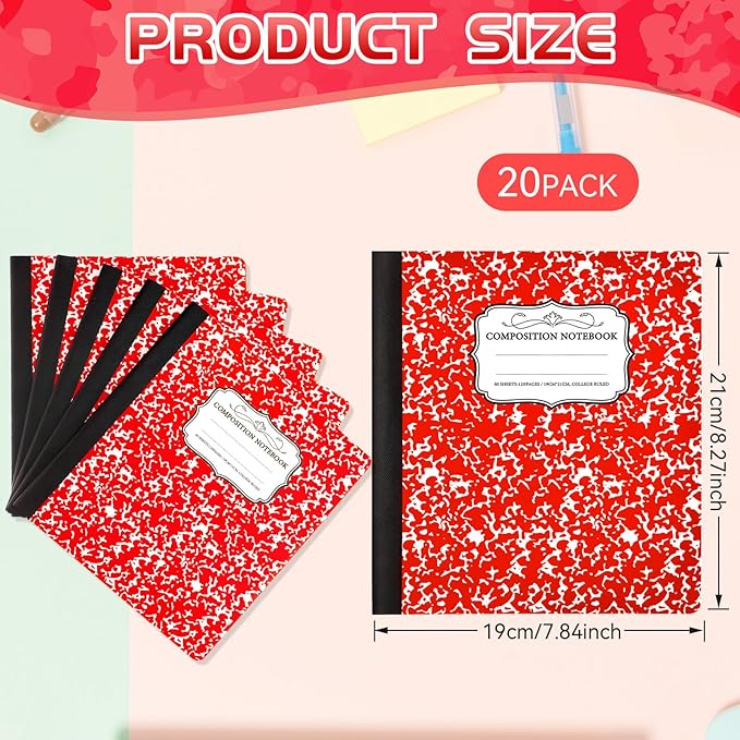 Seajan 20 Pack Composition Notebooks, Wide Ruled Paper, 7-1/2" x 9-3/4" Marble Hard Covers, 60 Sheets, Composition Notebooks Bulk for Students Back to School Adults Office Supplies(Red)