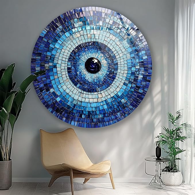 My Photostation.com 10''(25cm) Diameter Blue Mosaic Evil Eye Round Glass Wall Art Tempered Glass Printing Wall Decor Large Wall Art Wall Hangings