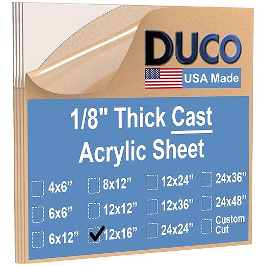 Duco USA-Made Clear Cast Acrylic Sheet 1/8 Inch Thick 12" x 16" - 4 Pack of Transparent Plexiglass Sheet - Lightweight Acrylic Board for Window Replacements, Displays, Signs, and More