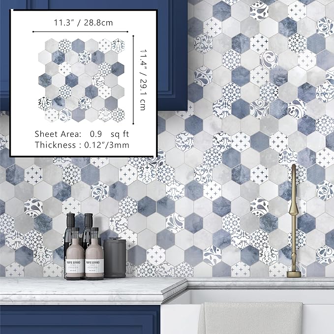 The Tiles Plaza 10-Sheet Peel and Stick Backsplash, Blue Cement Hexagon Stone Composite Marble Looks Self Adhesive Wall Tile, Stick On Tiles for Kitchen Bathroom Shower, Cover 9 Sq Ft.