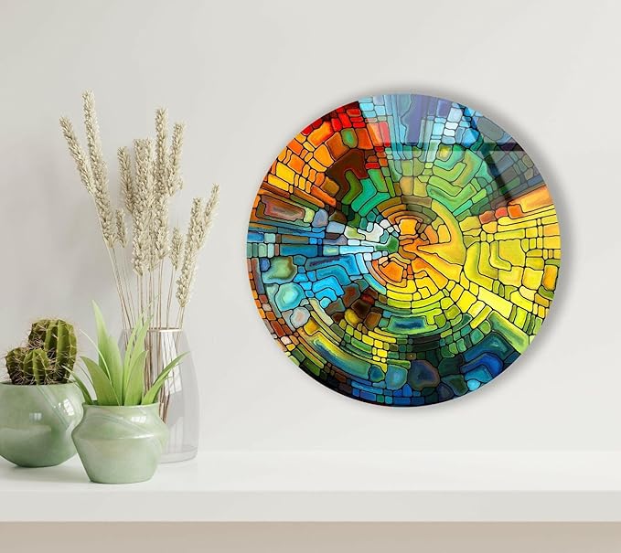 My Photostation.com 24''(60cm) Diameter Stained Yellow Round Glass Wall Art Tempered Glass Printing Wall Decor Large Wall Art Wall Hangings