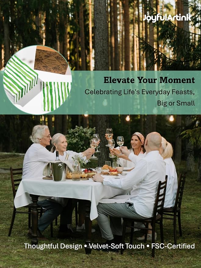 80 Pack Designer Cocktail Beverage Napkins, 3-Ply 5x5-inches Disposable Decorative Fall Winter Green and White Stripe Watercolor Napkin for Wedding Birthday Anniversary Party Baby Shower