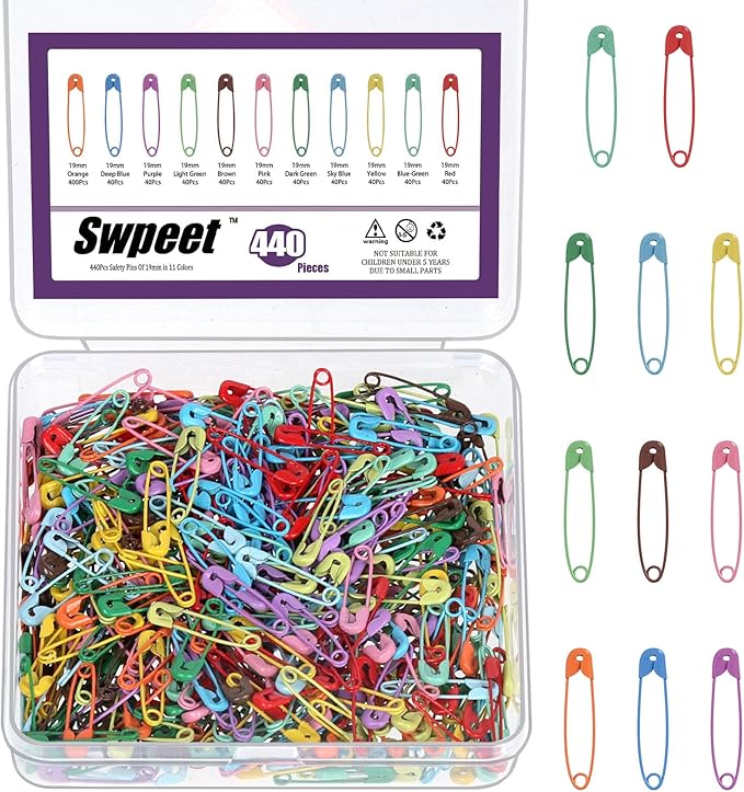 Swpeet 440Pcs 19mm/0.75 Inch Colorful Safety Pins Assortment Kit, Rust Resistant Steel Small Safety Pin Kit with Clear Case, Mini Safety Pins for Sewing, Clothes, Craft Arts