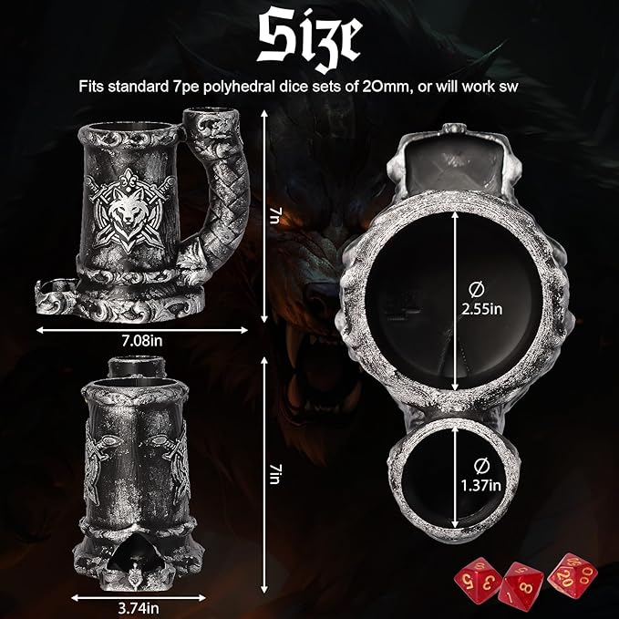 Mug Dice Tower - Dice Rolling Tower,(7PCS D20 Dice Set Included) for DND Gift and Dungeons and Dragon, Tabletop Games, Drink Holder, Tavern Style Board Game Roller (Black)