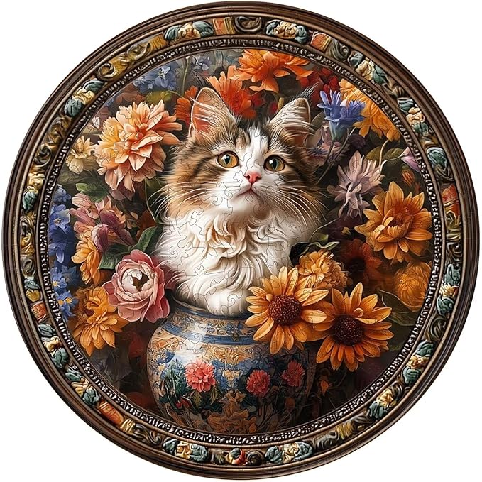 Wooden Puzzles Adults, Beautiful Tricolor Cat Wooden Puzzles 300 Pieces, Unique Animal Shaped Wood Challenging Jigsaw Puzzles Gifts for Adults, 13.4x13.4in